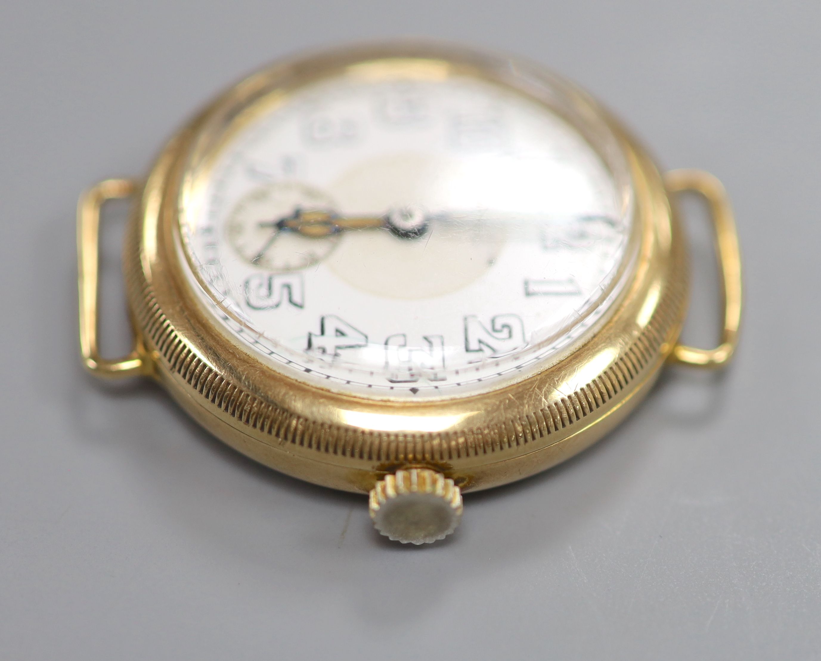 A gentlemans early 20th century 9ct gold Borgel cased manual wind wrist watch, no strap,